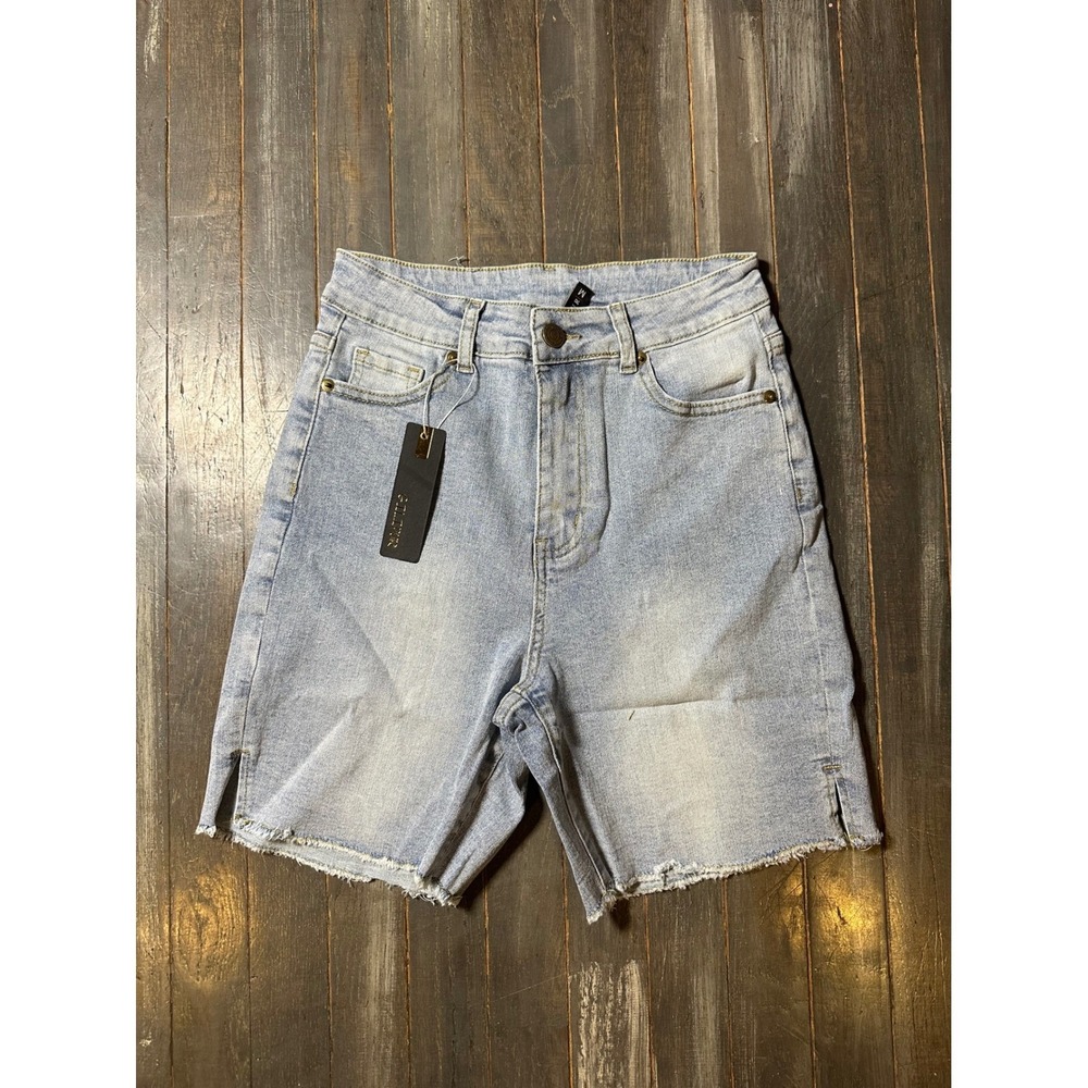 GilIpour Women Light Wash High Rise Denim Bermuda Shorts Frayed Hem Blue Size M